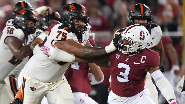 Oct 8, 2022; Stanford, California, USA; Oregon State Beavers offensive lineman Taliese Fuaga (75) Oct 8, 2022; Stanford, California, USA; Oregon State Beavers offensive lineman Taliese Fuaga (75)