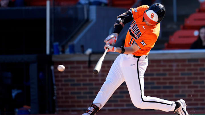 Oklahoma State's Nolan Schubart (10) hits a single in the first inning during the college baseball game between the Oklahoma State University Cowboys and the UT Arlington at O'Brate Stadium in Stillwater, Okla., Sunday, Feb., 23, 2025.