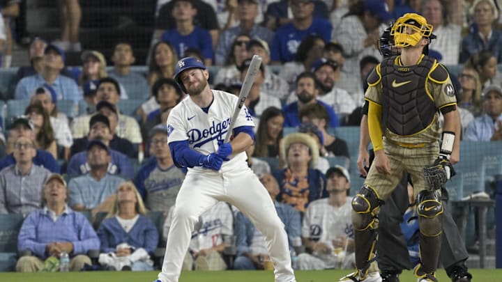 Los Angeles Dodgers third baseman Max Muncy reacts after flying out in the third inning against the San Diego Padres.