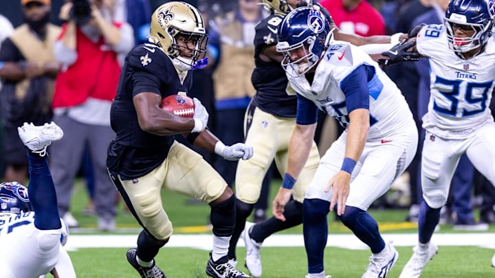 New Orleans Saints running back Jacob Kibodi (35) rushes against the Tennessee Titans