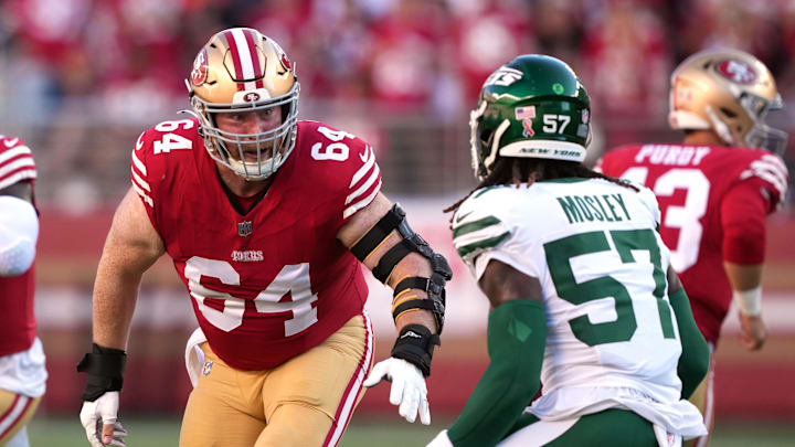 Sep 9, 2024; Santa Clara, California, USA; San Francisco 49ers center Jake Brendel (64) blocks New York Jets linebacker C.J. Mosley (57) during the first quarter at Levi's Stadium. Mandatory Credit: Darren Yamashita-Imagn Images