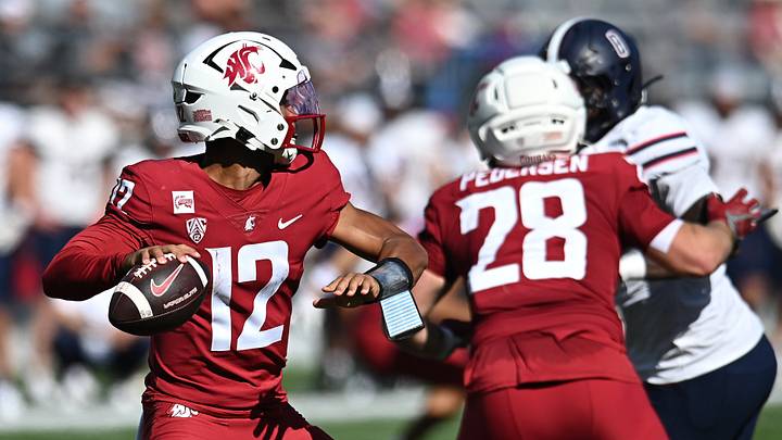 Sep 19, 2026; Pullman, Washington, USA; Washington State Cougars quarterback Caden Pinnick (12) throws against the Duquesne Dukes during the second half at Gesa Field at Martin Stadium. Sep 19, 2026; Pullman, Washington, USA; Washington State Cougars quarterback Caden Pinnick (12) throws against the Duquesne Dukes during the second half at Gesa Field at Martin Stadium.