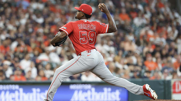 Mar 26, 2026; Houston, Texas, USA; Los Angeles Angels starting pitcher Jose Soriano (59) pitches against the Houston Astros in the first inning at Daikin Park. Mandatory Credit: Thomas Shea-Imagn Images Mar 26, 2026; Houston, Texas, USA; Los Angeles Angels starting pitcher Jose Soriano (59) pitches against the Houston Astros in the first inning at Daikin Park. Mandatory Credit: Thomas Shea-Imagn Images