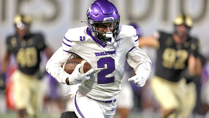 Aug 29, 2025; West Point, New York, USA; Tarleton State Texans wide receiver Cody Jackson (2) runs after a catch against the Army Black Knights during the second half at Michie Stadium.