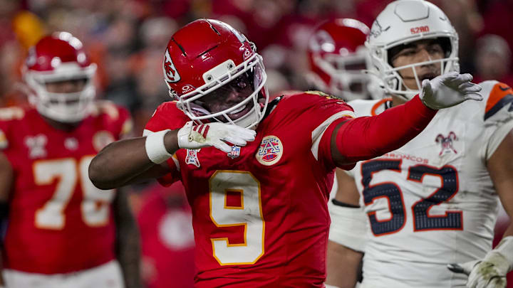 Dec 25, 2025; Kansas City, Missouri, USA; Kansas City Chiefs wide receiver Juju Smith-Schuster (9) celebrates during the fourth quarter at GEHA Field at Arrowhead Stadium. Mandatory Credit: Denny Medley-Imagn Images