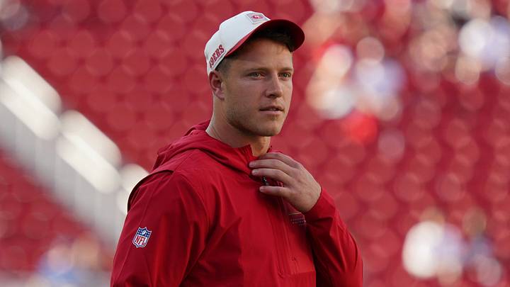 Aug 13, 2026; Santa Clara, California, USA; San Francisco 49ers running back Christian McCaffrey (23) watches warmups before a preseason game against the Tennessee Titans at Levi's Stadium. Aug 13, 2026; Santa Clara, California, USA; San Francisco 49ers running back Christian McCaffrey (23) watches warmups before a preseason game against the Tennessee Titans at Levi's Stadium.