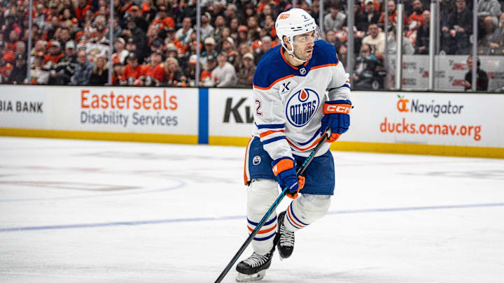 Apr 26, 2026; Anaheim, California, USA; Edmonton Oilers defenseman Evan Bouchard (2) skates with puck during the first period against the Anaheim Ducks in game four of the first round of the 2026 Stanley Cup Playoffs at Honda Center. Mandatory Credit: Corinne Votaw-Imagn Images