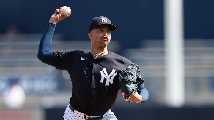 Feb 14, 2025; Tampa, FL, USA; New York Yankees relief pitcher Devin Williams (38) participates in spring training workouts at George M. Steinbrenner Field.