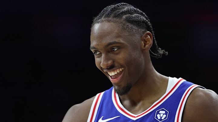Feb 24, 2025; Philadelphia, Pennsylvania, USA; Philadelphia 76ers guard Tyrese Maxey (0) reacts during the third quarter against the Chicago Bulls at Wells Fargo Center. Mandatory Credit: Bill Streicher-Imagn Images