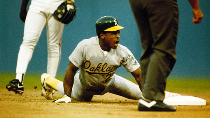 1990; Unknown location, USA; FILE PHOTO; Oakland Athletics left fielder Rickey Henderson in action during the 1990 season. Mandatory Credit: Tony Tomsic-USA TODAY NETWORK