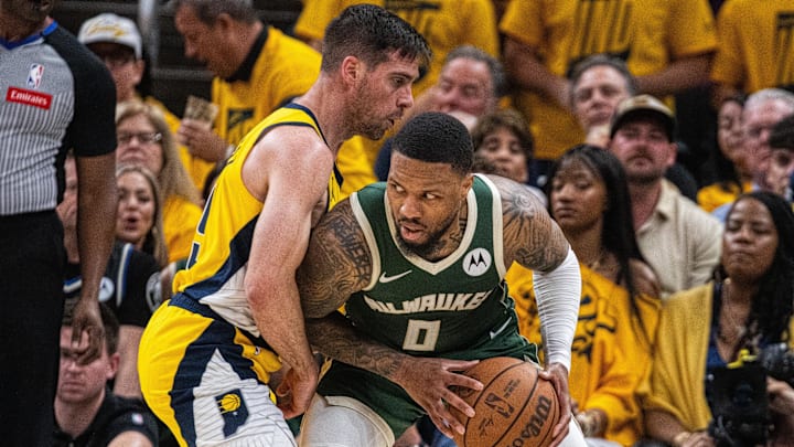 May 2, 2024; Indianapolis, Indiana, USA; Milwaukee Bucks guard Damian Lillard (0) holds the ball