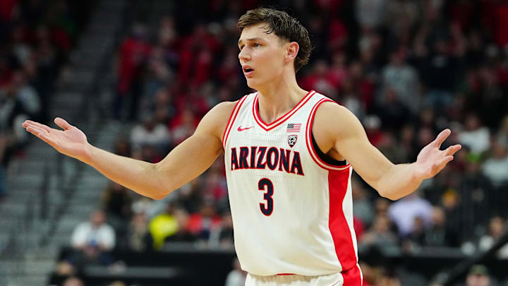 Mar 15, 2024; Las Vegas, NV, USA; Arizona Wildcats guard Pelle Larsson (3) looks for a call against Oregon.