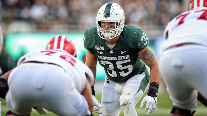 Sep 28, 2019; East Lansing, MI, USA; Michigan State Spartans linebacker Joe Bachie (35) prepares for the snap of the ball during the second half of a game against the Indiana Hoosiers at Spartan Stadium. Mandatory Credit: Mike Carter-Imagn Images