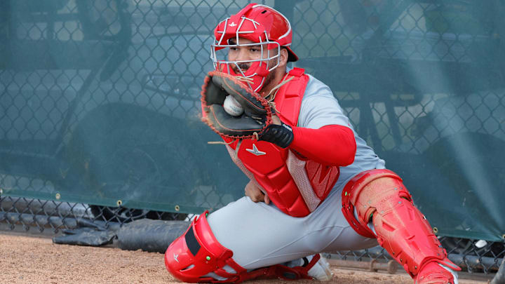 Feb 16, 2026; Jupiter, FL, USA;  St. Louis Cardinals catcher Leonardo Bernal (13) catches a pitch during spring training workouts at Roger Dean Stadium. Mandatory Credit: Reinhold Matay-Imagn Images