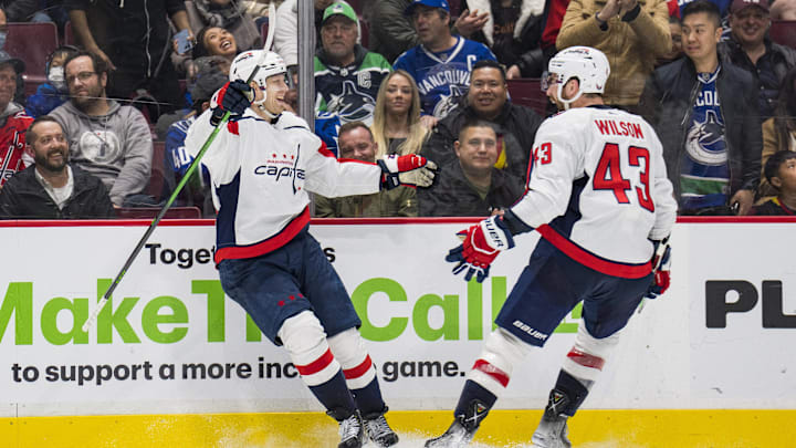 Mar 11, 2022; Vancouver, British Columbia, CAN; Washington Capitals forward Lars Eller (20) and forward Tom Wilson (43) celebrate Eller s game winning goal against the Vancouver Canucks at Rogers Arena. Capitals won 4-3 in overtime. Mandatory Credit: Bob Frid-Imagn Images