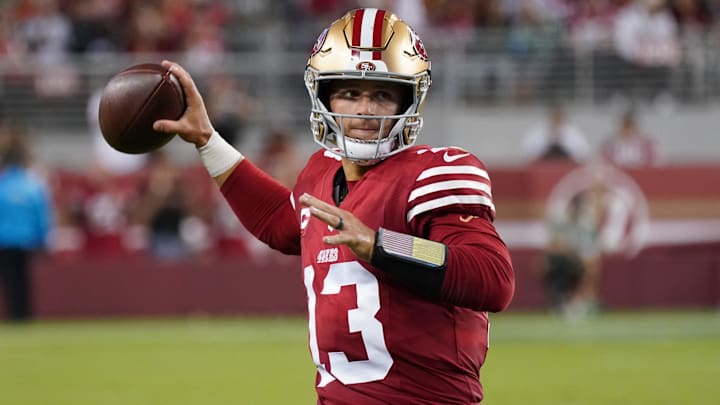 Sep 9, 2024; Santa Clara, California, USA; San Francisco 49ers quarterback Brock Purdy (13) warms up in the fourth quarter against the New York Jets at Levi's Stadium. Mandatory Credit: David Gonzales-Imagn Images
