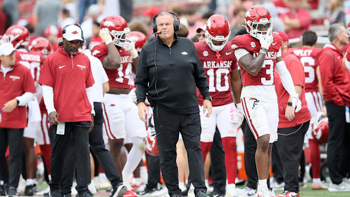 Nov 2, 2024; Fayetteville, Arkansas, USA; Arkansas Razorbacks head coach Sam Pittman during the fourth quarter against the Ole Miss Rebels at Donald W. Reynolds Razorback Stadium. Mississippi won 63-31. Mandatory Credit: Nelson Chenault-Imagn Images