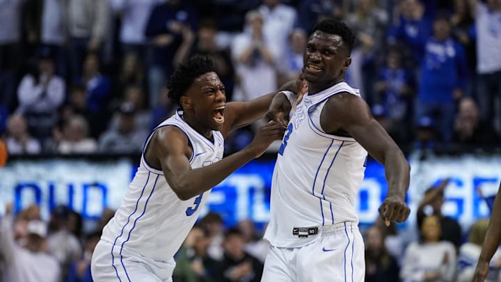 Mar 7, 2026; Provo, Utah, USA; BYU Cougars forward AJ Dybantsa (3) and forward Keba Keita (13) reacts during the second half against the Texas Tech Red Raiders at Marriott Center. Mandatory Credit: Aaron Baker-Imagn Images 