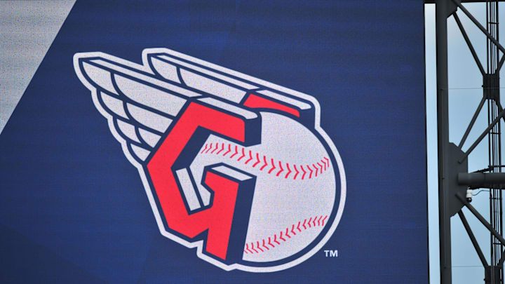 Aug 10, 2025; Chicago, Illinois, USA; A general view of the Cleveland Guardians logo on the scoreboard during a game against the Chicago White Sox at Rate Field. Mandatory Credit: Patrick Gorski-Imagn Images