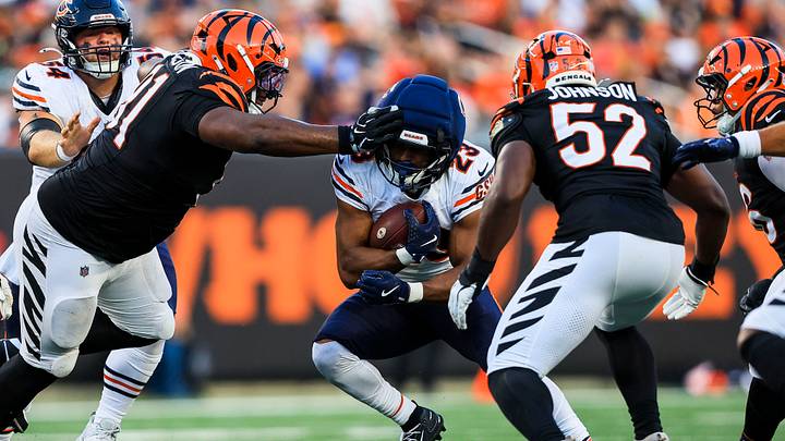 Running back Roschon Johnson looks for an opening Saturday against the Bengals. Running back Roschon Johnson looks for an opening Saturday against the Bengals.