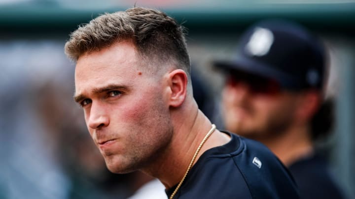 Detroit Tigers' Kerry Carpenter looks on during the ninth inning against Washington Nationals at Comerica Park in Detroit on Thursday, June 13, 2024. Detroit Tigers' Kerry Carpenter looks on during the ninth inning against Washington Nationals at Comerica Park in Detroit on Thursday, June 13, 2024.