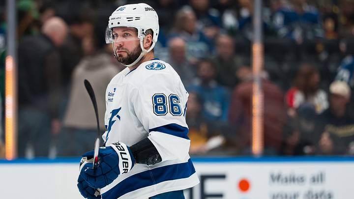 Mar 19, 2026; Vancouver, British Columbia, CAN; Tampa Bay Lightning forward Nikita Kucherov (86) during a stop in play against the Vancouver Canucks in the first period at Rogers Arena. Mandatory Credit: Bob Frid-Imagn Images