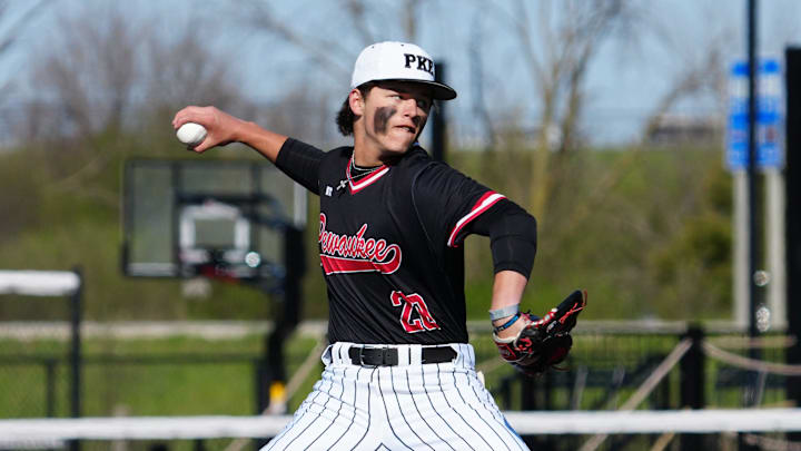 Pewaukee pitcher Owen Dobberstein (20) throws during a game at Dockhounds Stadium in Oconomowoc, Wednesday, April 24, 2024. 