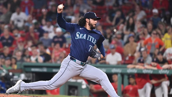 Jul 30, 2024; Boston, Massachusetts, USA; Seattle Mariners pitcher Andres Munoz (75) pitches against the Boston Red Sox during the ninth inning at Fenway Park. Mandatory Credit: Eric Canha-Imagn Images