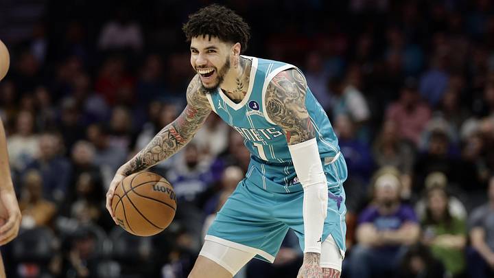 Mar 19, 2026; Charlotte, North Carolina, USA; Charlotte Hornets guard LaMelo Ball (1) smiles as he dribbles the ball during the first quarter against the Orlando Magic at Spectrum Center. Mandatory Credit: Brian Westerholt-Imagn Images