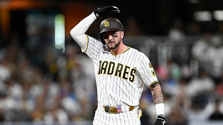 Aug 11, 2026; San Diego, California, USA; San Diego Padres center fielder Jackson Merrill (3) gestures after hitting an RBI single during the sixth inning against the Milwaukee Brewers at Petco Park. Mandatory Credit: Denis Poroy-Imagn Images Aug 11, 2026; San Diego, California, USA; San Diego Padres center fielder Jackson Merrill (3) gestures after hitting an RBI single during the sixth inning against the Milwaukee Brewers at Petco Park. Mandatory Credit: Denis Poroy-Imagn Images