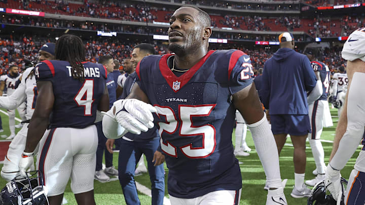Dec 3, 2023; Houston, Texas, USA; Houston Texans cornerback Desmond King II (25) after the game against the Denver Broncos at NRG Stadium. Mandatory Credit: Troy Taormina-Imagn Images
