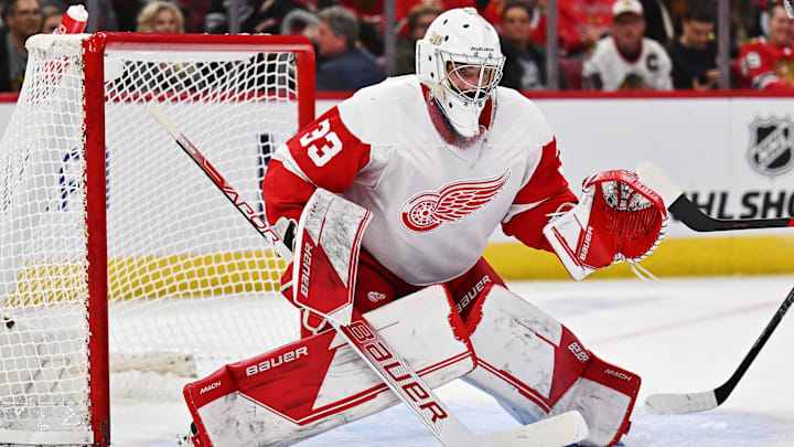 Oct 1, 2022; Chicago, Illinois, USA;  Detroit Red Wings goaltender Sebastian Cossa (33) defends the