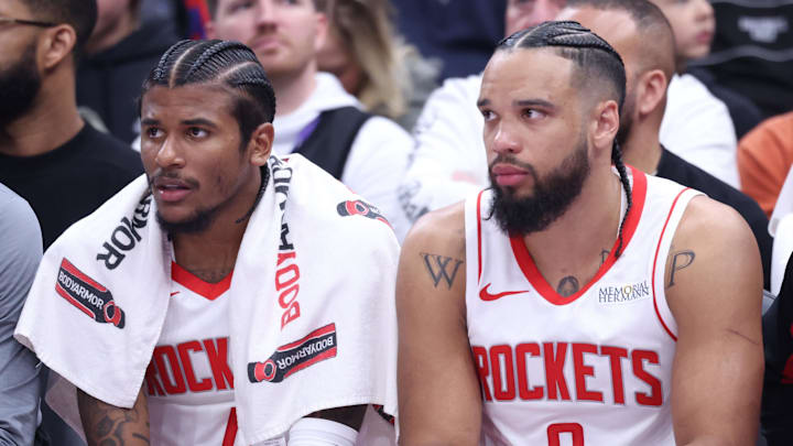 Feb 22, 2025; Salt Lake City, Utah, USA; Houston Rockets guard Jalen Green (4) and forward Dillon Brooks (9) watch play against the Utah Jazz from the bench during the first half at Delta Center. Mandatory Credit: Rob Gray-Imagn Images Feb 22, 2025; Salt Lake City, Utah, USA; Houston Rockets guard Jalen Green (4) and forward Dillon Brooks (9) watch play against the Utah Jazz from the bench during the first half at Delta Center. Mandatory Credit: Rob Gray-Imagn Images