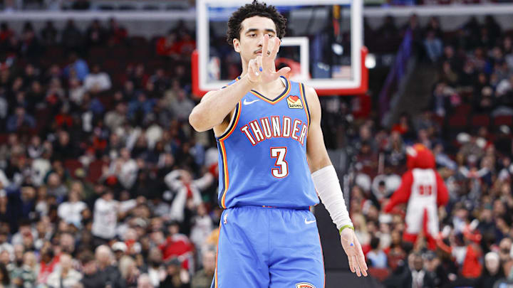 Mar 3, 2026; Chicago, Illinois, USA; Oklahoma City Thunder guard Jared McCain (3) reacts after scoring a three-pointer against the Chicago Bulls during the second half at United Center. Mandatory Credit: Kamil Krzaczynski-Imagn Images