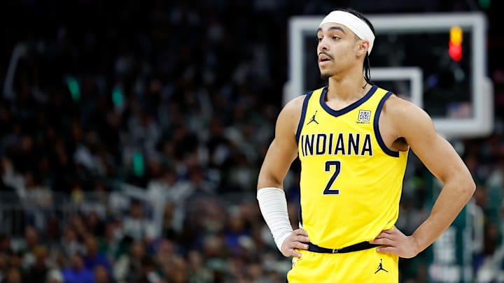Indiana Pacers guard Andrew Nembhard (2) during a playoff game against the Milwaukee Bucks.