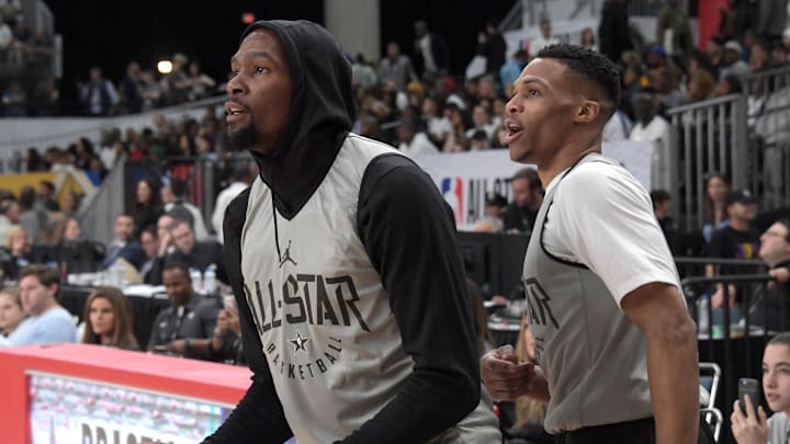 Feb 17, 2018; Los Angeles, CA, USA; Golden State Warriors forward Kevin Durant (left) and Oklahoma City Thunder guard Russell Westbrook during Team LeBron practice at the Los Angeles Convention Center. Mandatory Credit: Kirby Lee-Imagn Images Feb 17, 2018; Los Angeles, CA, USA; Golden State Warriors forward Kevin Durant (left) and Oklahoma City Thunder guard Russell Westbrook during Team LeBron practice at the Los Angeles Convention Center. Mandatory Credit: Kirby Lee-Imagn Images