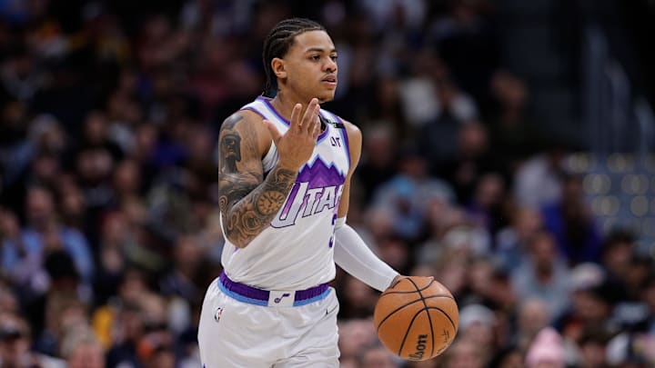 Dec 22, 2025; Denver, Colorado, USA; Utah Jazz guard Keyonte George (3) dribbles the ball up court in the first quarter against the Denver Nuggets at Ball Arena. Mandatory Credit: Isaiah J. Downing-Imagn Images