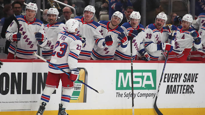 Feb 23, 2025; Pittsburgh, Pennsylvania, USA;  The New York Rangers bench congratulates defenseman Adam Fox (23) on his goal against the Pittsburgh Penguins during the third period at PPG Paints Arena. Mandatory Credit: Charles LeClaire-Imagn Images