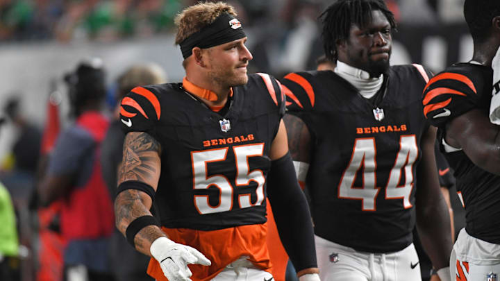 Cincinnati Bengals LBs Logan Wilson and Demetrius Knight Jr. walk off the field at halftime against the Philadelphia Eagles.