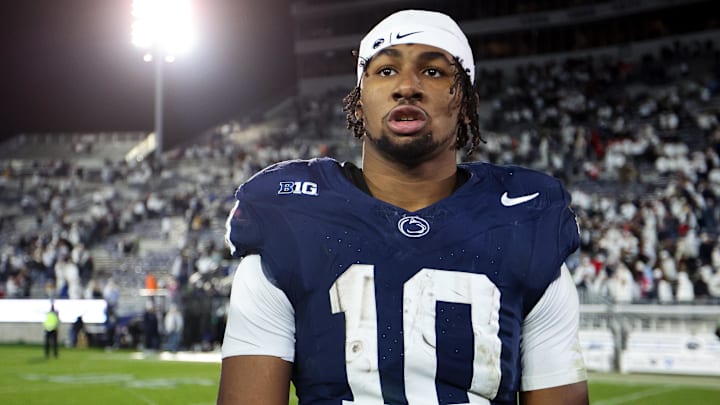 Nov 22, 2025; University Park, Pennsylvania, USA; Penn State Nittany Lions running back Nicholas Singleton (10) stands on the field following the game against the Nebraska Cornhuskers at Beaver Stadium. 