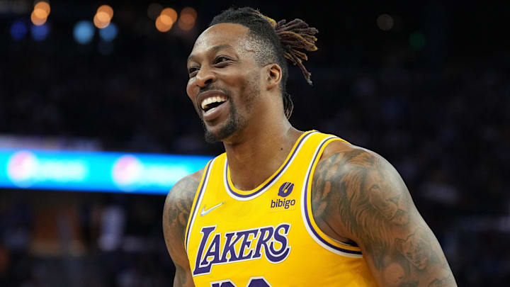 Apr 7, 2022; San Francisco, California, USA; Los Angeles Lakers center Dwight Howard (39) during the fourth quarter against the Golden State Warriors at Chase Center. Mandatory Credit: Darren Yamashita-Imagn Images