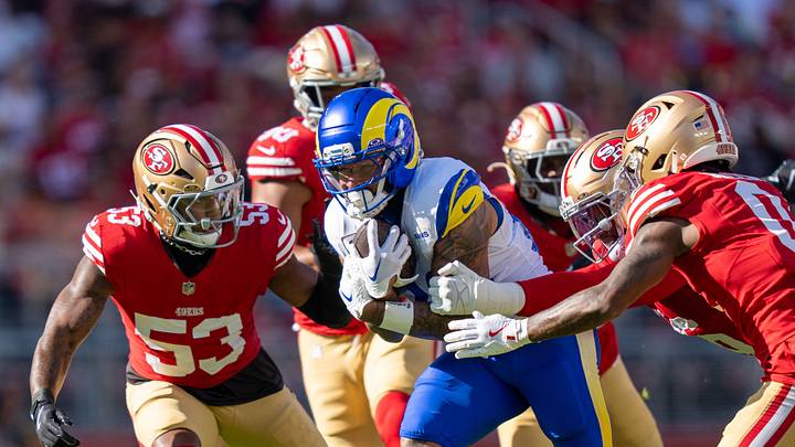 November 9, 2025; Santa Clara, California, USA; Los Angeles Rams running back Kyren Williams (23) during the first quarter against the San Francisco 49ers at Levi's Stadium. Mandatory Credit: Kyle Terada-Imagn Images