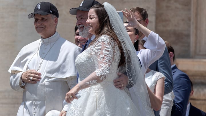 Pope Leo XIV wears a Chicago White Sox baseball team cap. Pope Leo XIV wears a Chicago White Sox baseball team cap.