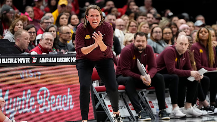 Minnesota head coach Dawn Plitzuweit cheers on her team during the second half against Ohio State at Value City Arena in Columbus on Feb. 13, 2025. 