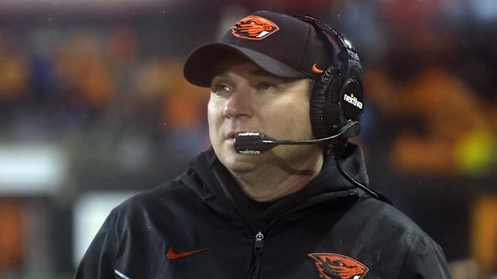 Nov 18, 2023; Corvallis, Oregon, USA; Oregon State Beavers head coach Jonathan Smith looks up at the video board during the second half against the Washington Huskies at Reser Stadium. Mandatory Credit: Soobum Im-Imagn Images