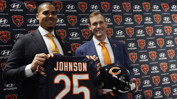 Chicago Bears new head coach Ben Johnson with general manager Ryan Poles pose for photos after a press conference introducing him to the media. 