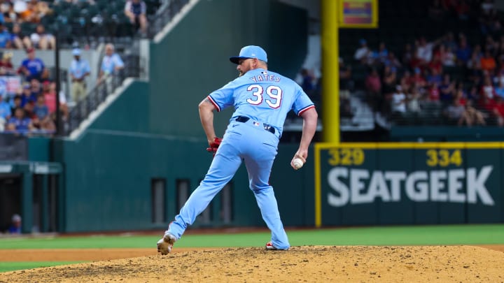 Jun 9, 2024; Arlington, Texas, USA; Texas Rangers pitcher Kirby Yates (39) throws during the ninth inning against the San Francisco Giants at Globe Life Field.