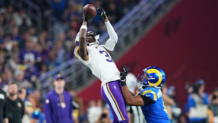 Jan 13, 2025; Glendale, AZ, USA; Minnesota Vikings wide receiver Jordan Addison (3) makes a catch against the Los Angeles Rams during the first half in an NFC wild card game at State Farm Stadium. Jan 13, 2025; Glendale, AZ, USA; Minnesota Vikings wide receiver Jordan Addison (3) makes a catch against the Los Angeles Rams during the first half in an NFC wild card game at State Farm Stadium.