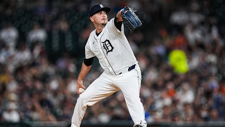 Detroit Tigers pitcher Luke Jackson (49) throws against Arizona Diamondbacks during the eighth inning at Comerica Park in Detroit on Tuesday, July 29, 2025.