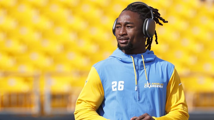 Los Angeles Chargers CB Asante Samuel Jr. walks the field before playing the Pittsburgh Steelers at Acrisure Stadium.